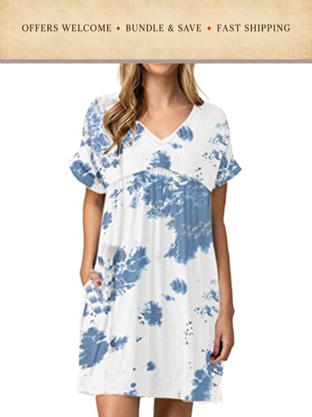 Babydoll T-Shirt Dress V-Neck Short Sleeve High Low Pockets